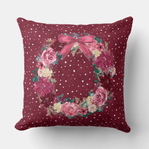 Watercolor Burgundy Poinsettia Christmas Wreath Cushion