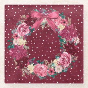 Watercolor Burgundy Poinsettia Christmas Wreath Glass Coaster