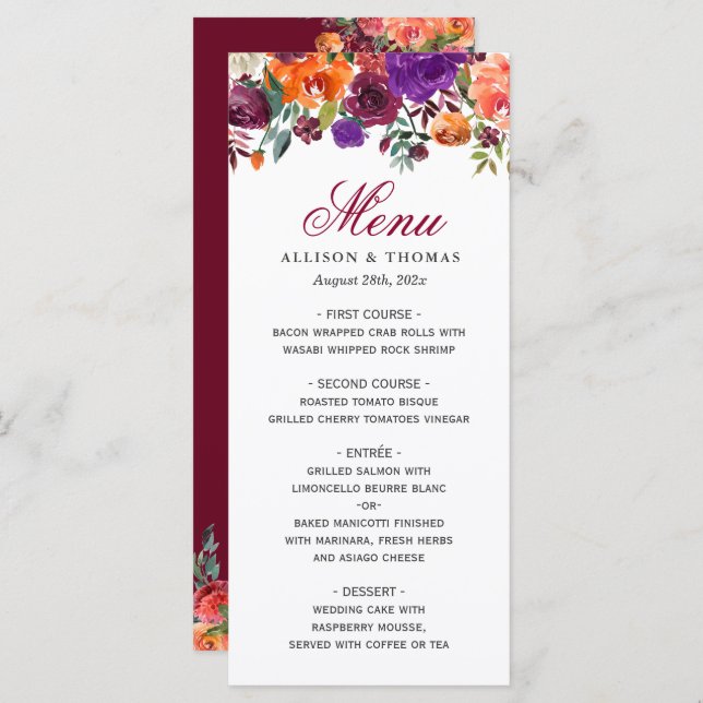 Watercolor Burgundy Purple Floral Wedding Menu (Front/Back)