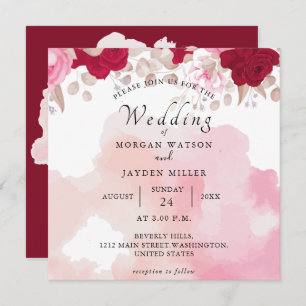 Watercolor Burgundy Red Blush Pink Floral Wedding Invitation