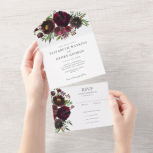 Watercolor Burgundy Red Botanical Flowers Wedding  All In One Invitation
