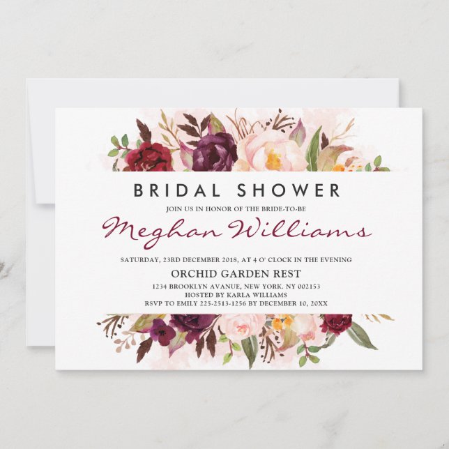 Watercolor Burgundy Red Floral Boho Bridal Shower Invitation (Front)