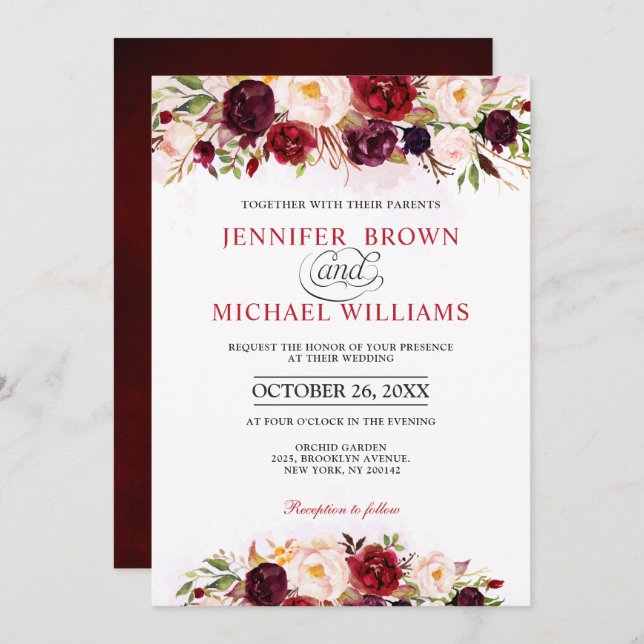Watercolor Burgundy Red Floral Rustic Boho Invitation (Front/Back)