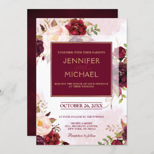 Watercolor Burgundy Red Floral Rustic Boho Invitation