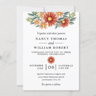 Watercolor Burgundy Red Floral Rustic Boho Wedding Invitation
