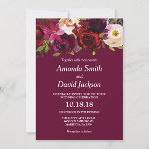 Watercolor Burgundy Red Floral Wedding Invitation