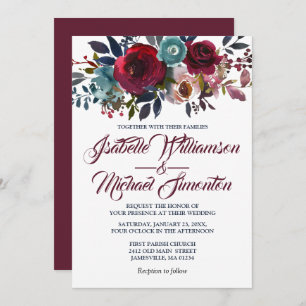 Watercolor Burgundy Red Floral Wedding Invitations
