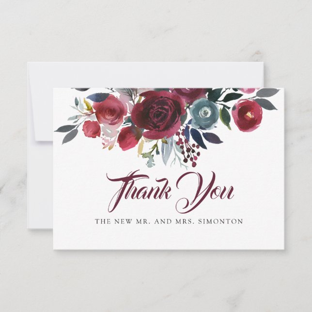 Watercolor Burgundy Red Floral Wedding Thank You Card (Front)