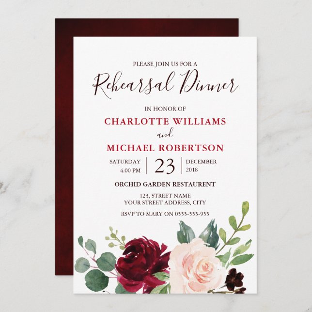 Watercolor Burgundy Red Navy Floral Rustic Boho Invitation (Front/Back)