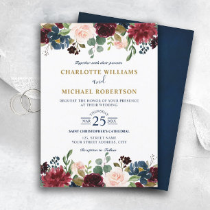 Watercolor Burgundy Red Navy Floral Rustic Boho Invitation