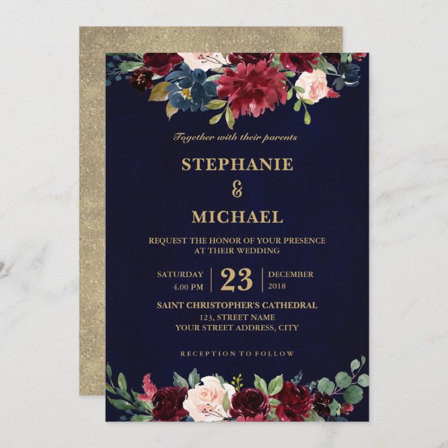 Watercolor Burgundy Red Navy Floral Rustic Boho Invitation (Front/Back)