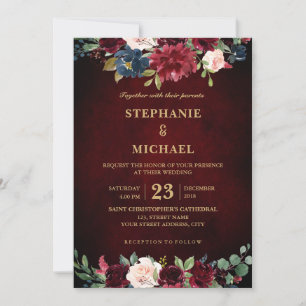 Watercolor Burgundy Red Navy Floral Rustic Boho Invitation