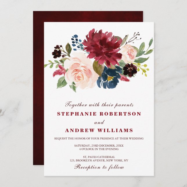 Watercolor Burgundy Red Navy Floral Rustic Boho Invitation (Front/Back)