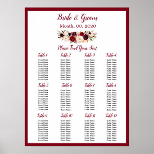 Watercolor Burgundy Red Rose Wedding Seating Chart