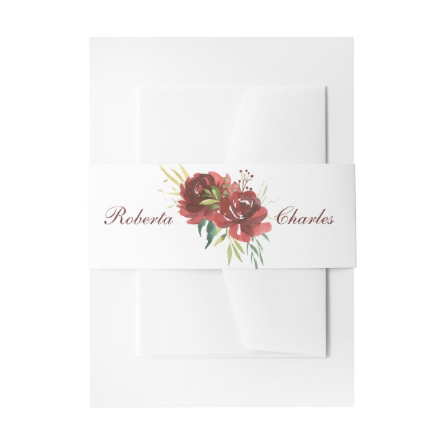 Watercolor Burgundy Rose Bouquet Wedding Invitation Belly Band (Front Example)
