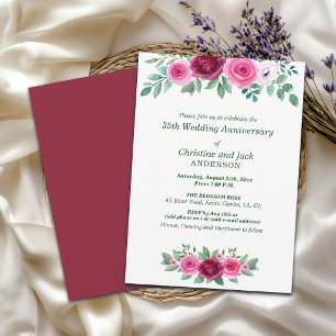 Watercolor Burgundy Roses 35th Wedding Anniversary Invitation