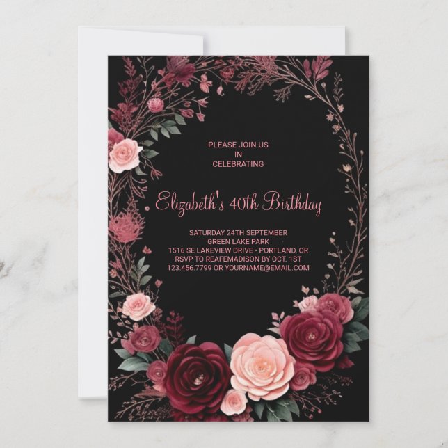 Watercolor Burgundy Roses 40th Birthday Invitation (Front)