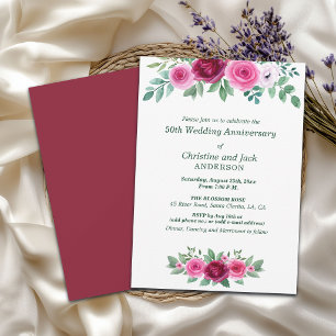 Watercolor Burgundy Roses 50th Wedding Anniversary Invitation