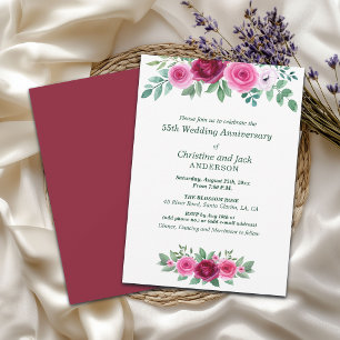 Watercolor Burgundy Roses 55th Wedding Anniversary Invitation