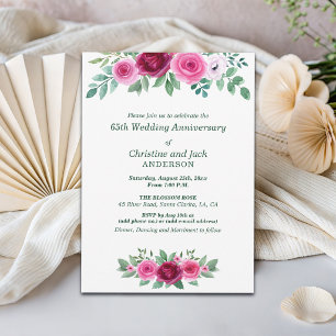 Watercolor Burgundy Roses 65th Wedding Anniversary Invitation