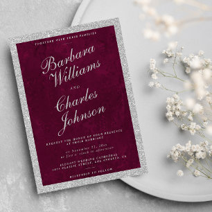 Watercolor burgundy silver glitter luxury wedding invitation