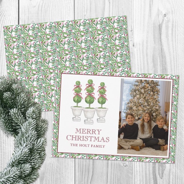 Watercolor Burgundy Topiary Christmas Photo Holiday Card (Creator Uploaded)