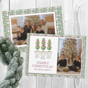 Watercolor Burgundy Topiary Christmas Photo Holiday Card