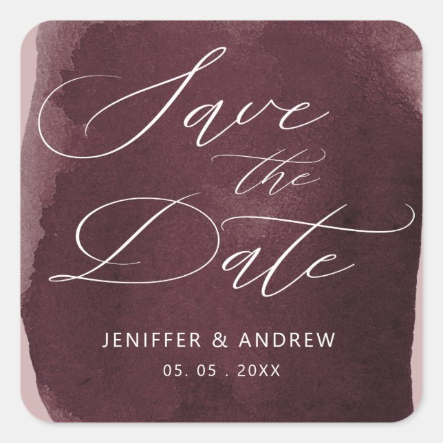 watercolor burgundy wash save the date square sticker (Front)