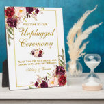 Watercolor Burgundy Wedding Unplugged Ceremony Plaque<br><div class="desc">Watercolor Floral Burgundy Marsala Gold Wedding Unplugged Ceremony Table Plaque</div>
