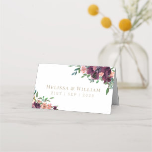 Watercolor Burgundy White Gold Floral Wedding Place Card