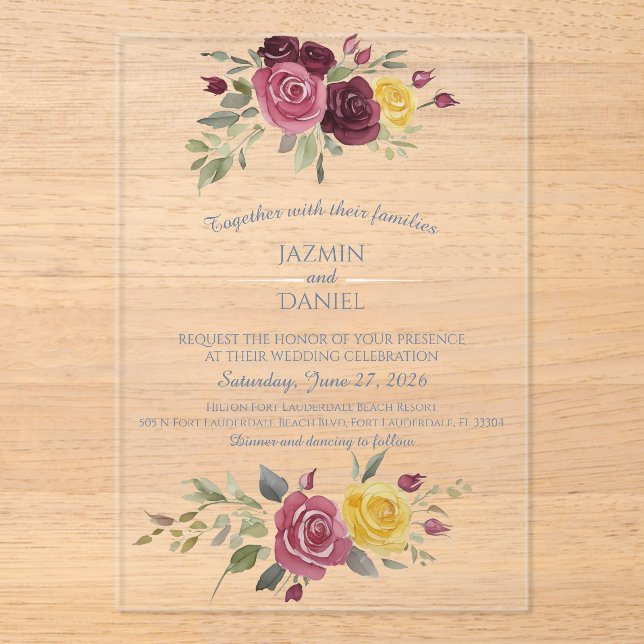 Watercolor Burgundy Yellow Roses Blue  Acrylic Invitations (Front)