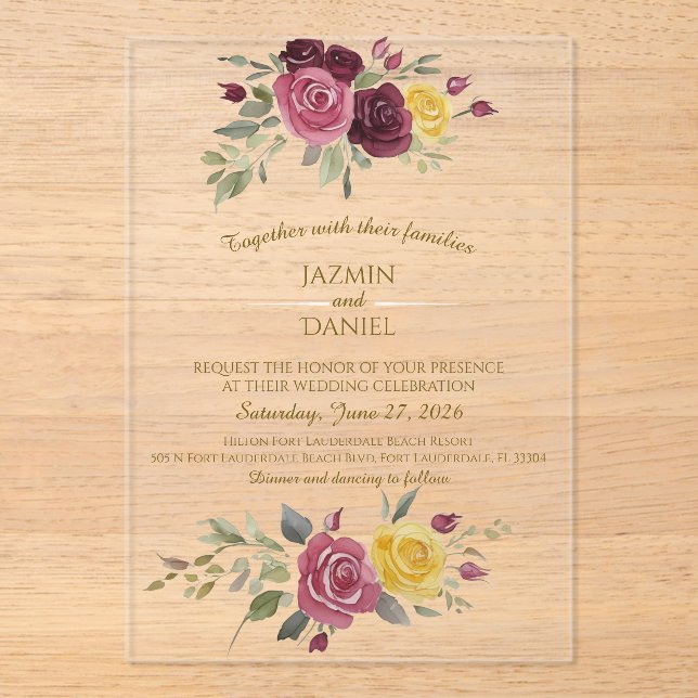 Watercolor Burgundy Yellow Roses Gold Acrylic Invitations (Front)