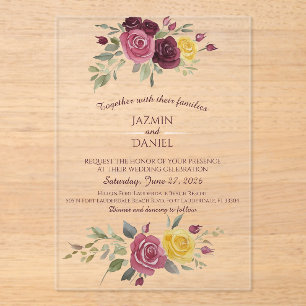 Watercolor Burgundy Yellow Roses Red Acrylic Invitations