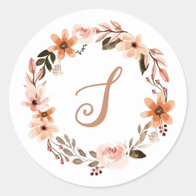 Watercolor Burnt Orange Floral Monogram Sticker (Front)