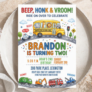 Watercolor Bus 2nd Birthday Animal Party Transport Invitation