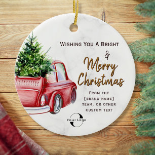 Watercolor Business logo Christmas Red Green Truck Ceramic Ornament