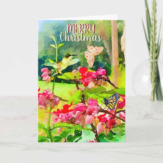 Watercolor Butterflies and Hummingbird Christmas Card (Front)