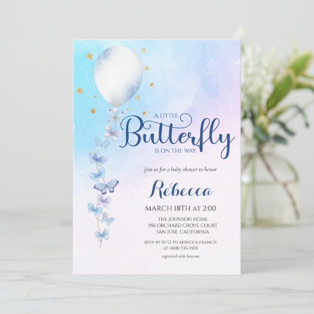 Watercolor Butterflies Balloon Baby Shower Invitation (Standing Front)