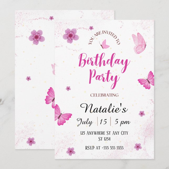Watercolor butterflies Birthday Party Invitation (Front/Back)