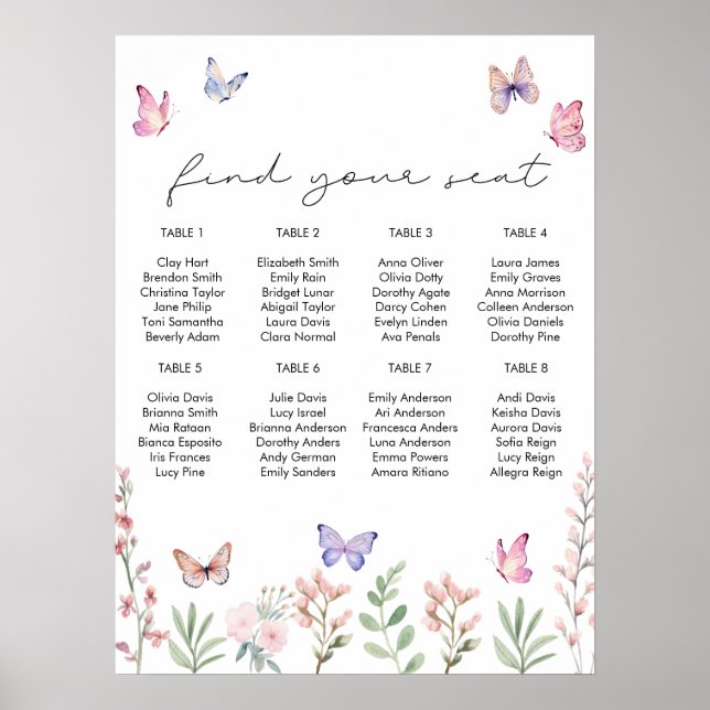 Watercolor Butterflies Bridal Shower Seating Chart (Front)