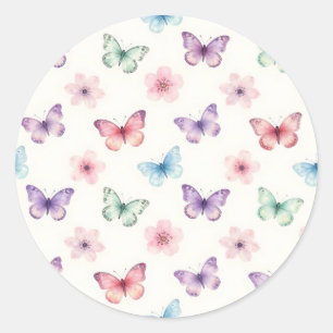 Watercolor Butterflies Cherry Blossoms Pattern Classic Round Sticker