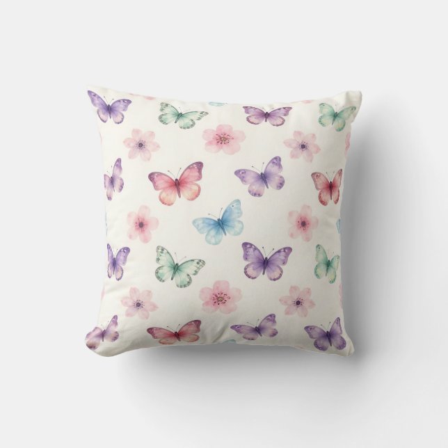 Watercolor Butterflies Cherry Blossoms Pattern Cushion (Front)