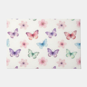 Watercolor Butterflies Cherry Blossoms Pattern Doormat