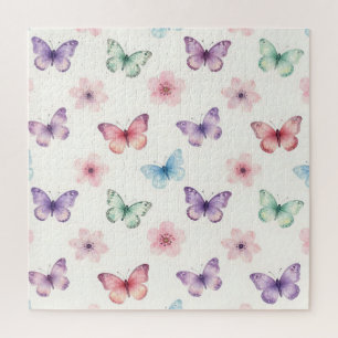 Watercolor Butterflies Cherry Blossoms Pattern Jigsaw Puzzle