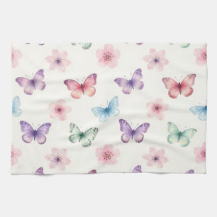 Watercolor Butterflies Cherry Blossoms Pattern Tea Towel
