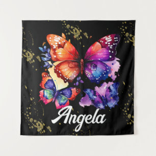 Watercolor Butterflies Colourful Faux Gold Name Tapestry