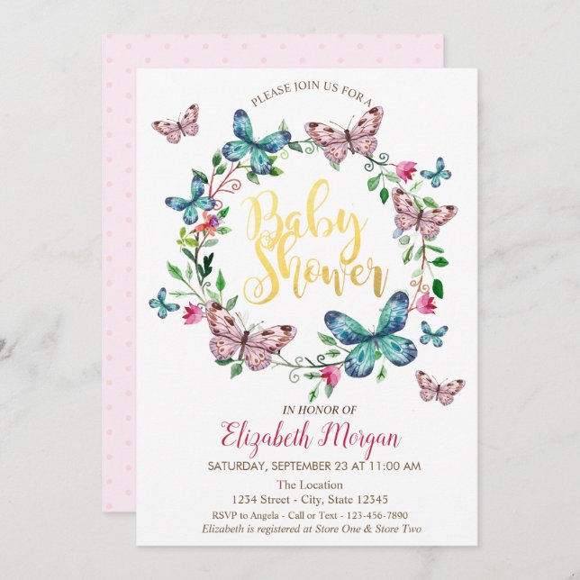 Watercolor Butterflies  Dotted  Shower Invitation (Front/Back)