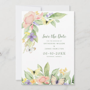 Watercolor Butterflies Floral Sage Green  Save The Date