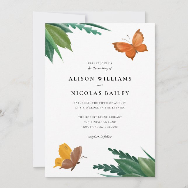 Watercolor Butterflies Green Foliage Wedding Invitation (Front)