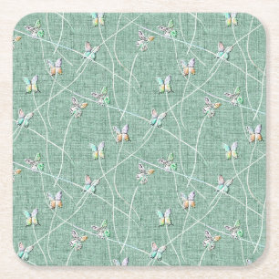 Watercolor Butterflies on Mint Green Square Paper Coaster